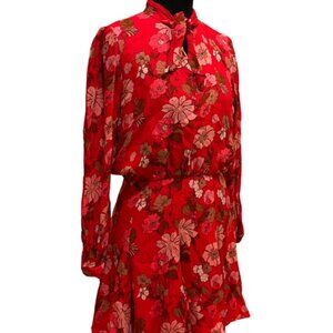 ZARA Bright Red Floral Patterned Blouson Mini Dress Size M